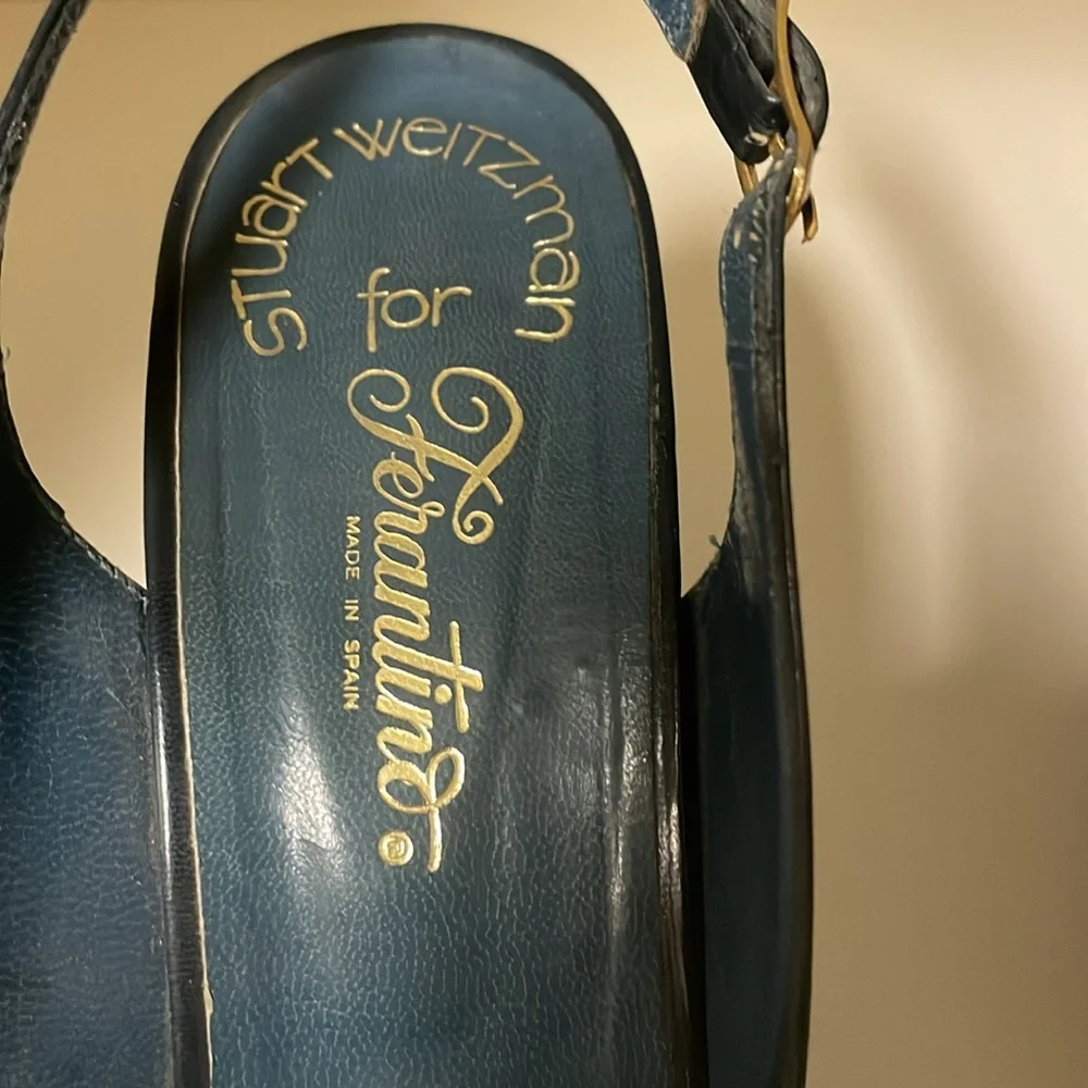 Stuart Weitzman Navy Blue Slingback Open Toe Leather Shoe size 7.5